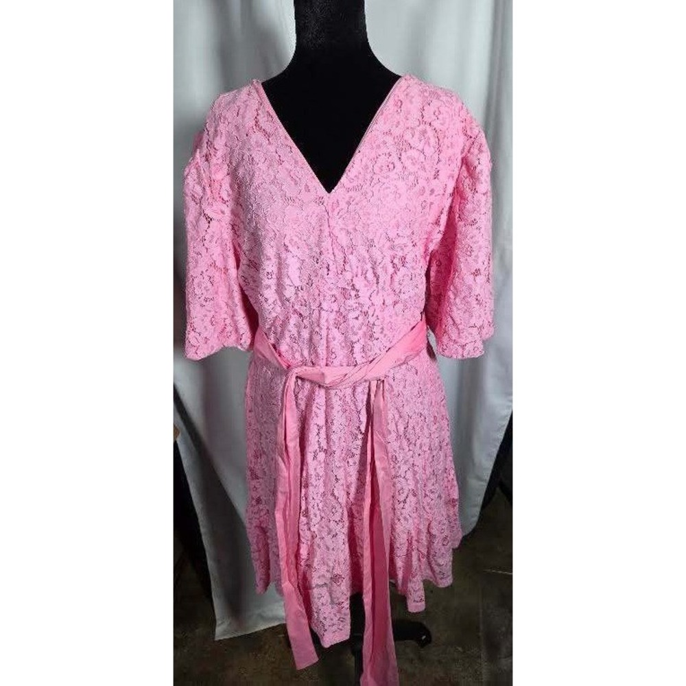 New York & Company Pink Floral Lace V-Neck Puff Sleeve Belted Dress XL NWT